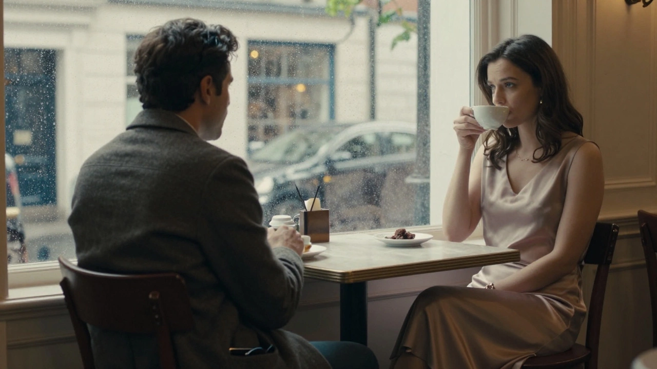A man sits alone in a Notting Hill café, phone beside him, rain streaking the window.