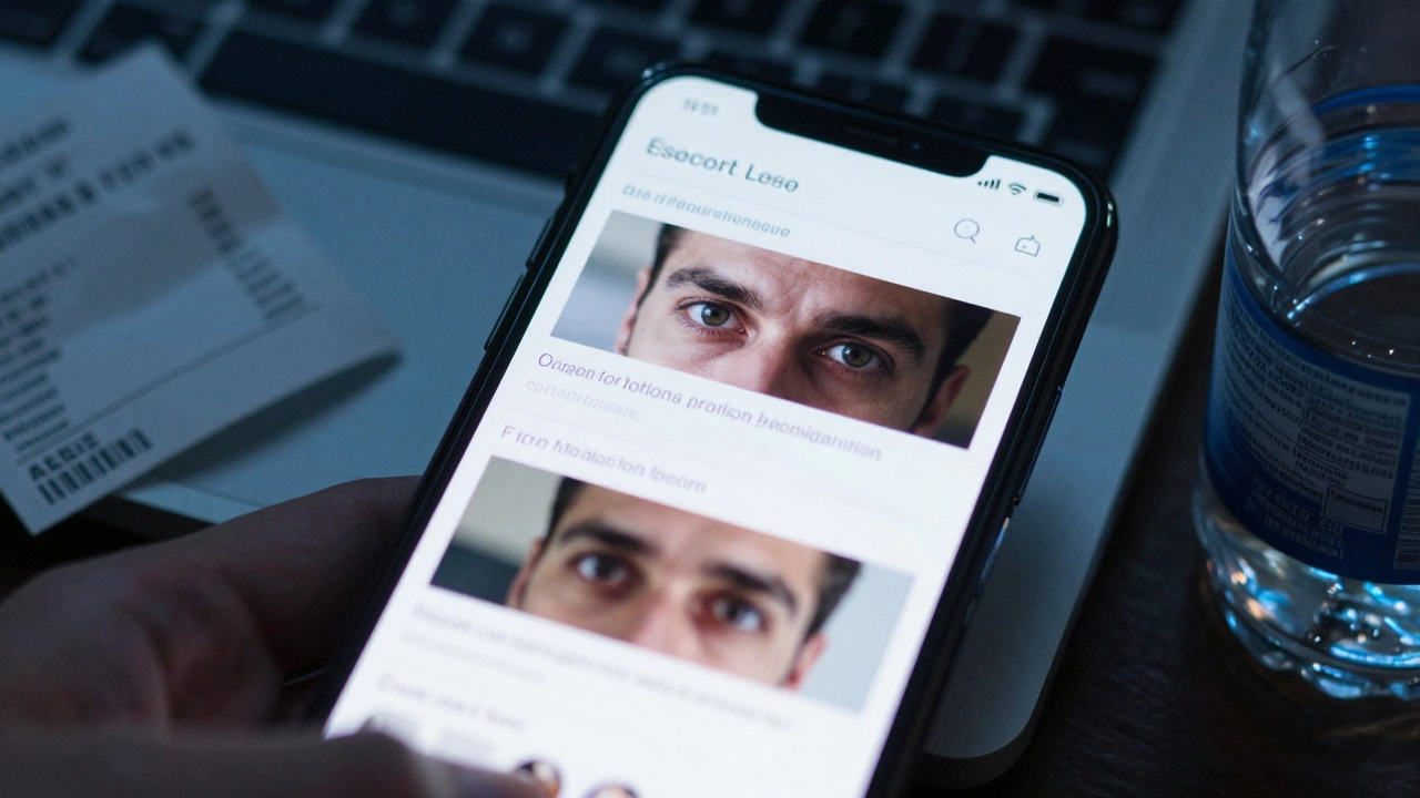 A man staring at a smartphone screen showing a fake escort website in a hotel room.