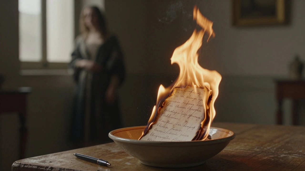 A piece of paper burns in a bowl as a woman stands silently by a window.