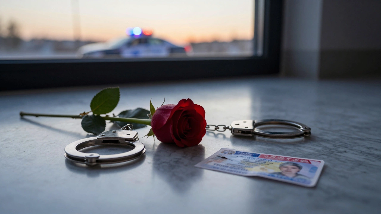 A red rose and discarded handcuffs on marble floor with police lights in the distance.